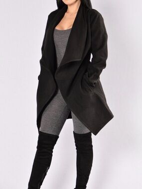 Fashion Nova Black Draped Open-Front Coat Jacket with pockets